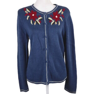 Christopher & Banks Hand Embroidered Poinsettia Blue Button Up Cardigan Sweater